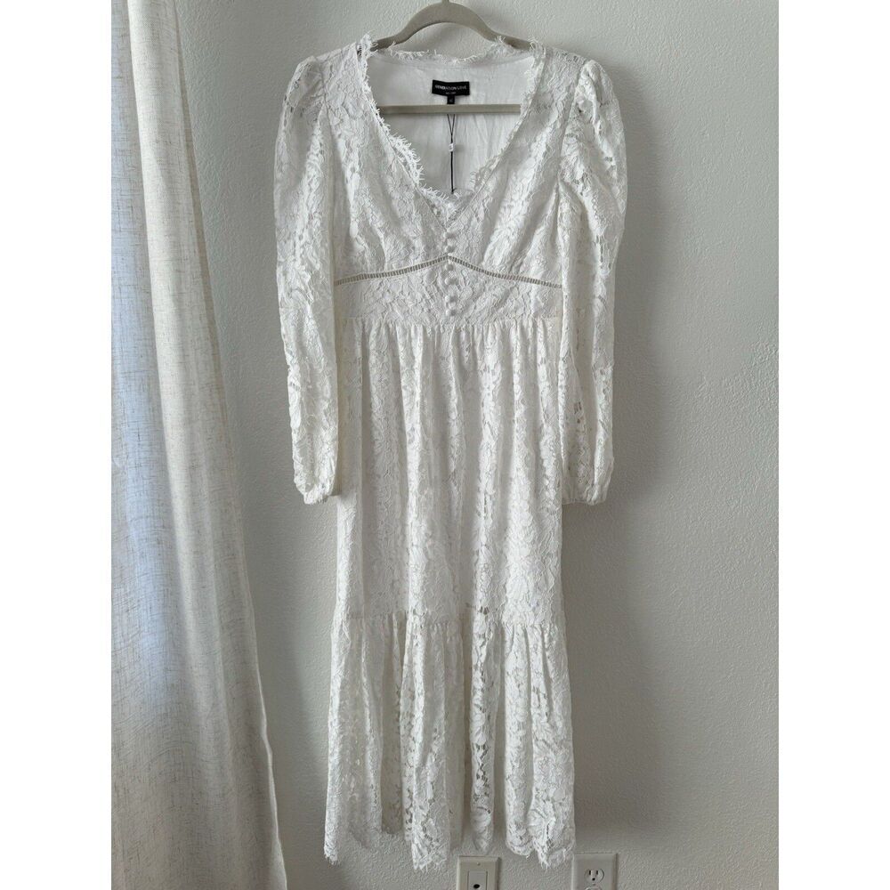 Generation Love White Lace Midi Dress V-Neck Long Sleeve Bridal XS New - Picture 5 of 13